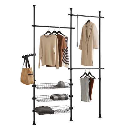 SoBuy FRG34 Shelving System with 3 dresses Bars and 3 Baskets Telescopic Wardrobe System Adjustable Order System