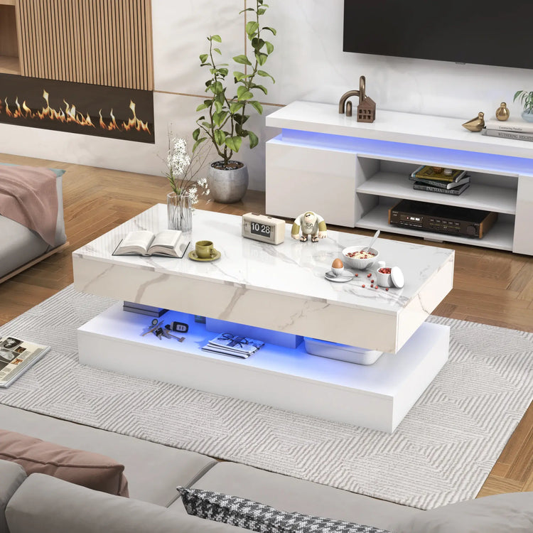 Modern Stylish Coffee Table with LED lights, Double-Layer Design for Living Room Coffee Table with 2 Storage Drawers Jonine&