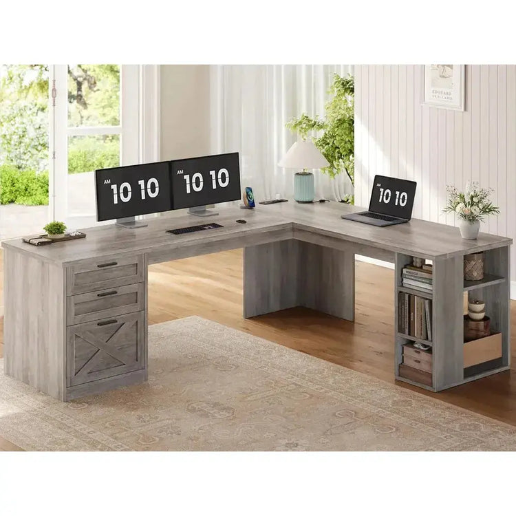 Farmhouse 67" L Shaped Desk with 3 Drawers, Executive Desk, Home Office Desks with Storage Shelves, Corner Computer, Customized Jonine’s Corner