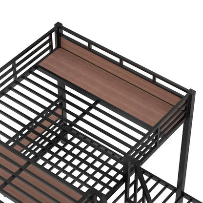 3-in-1 Queen Over Twin Metal Bunk Bed with Storage Stairs