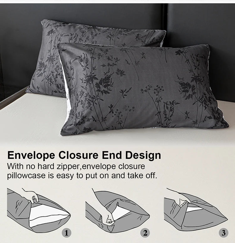 Black and White Plant Print Three-Piece Quilt Cover Set (1 Quilt Cover + 2 Pillowcases) Ultra-Soft Breathable Fabric, Skin-Friendly, Comfortable, Breathable, Machine Washable, Suitable for All Seasons, Elegant and Exquisite, Jonine&