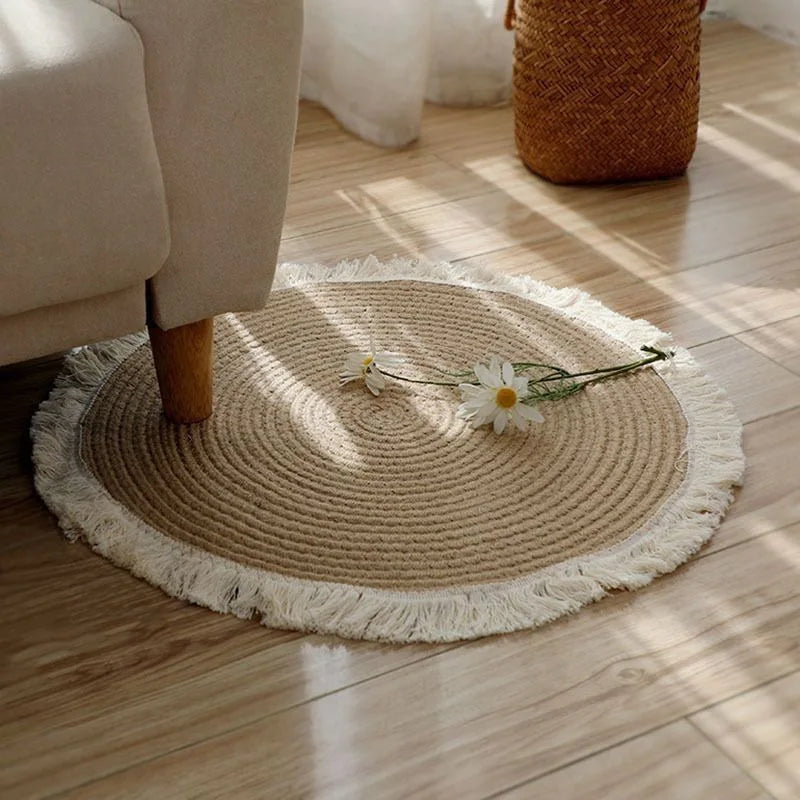 Hand-Woven Natural Jute Round Rug with Tassels – 80cm Boho Floor Mat