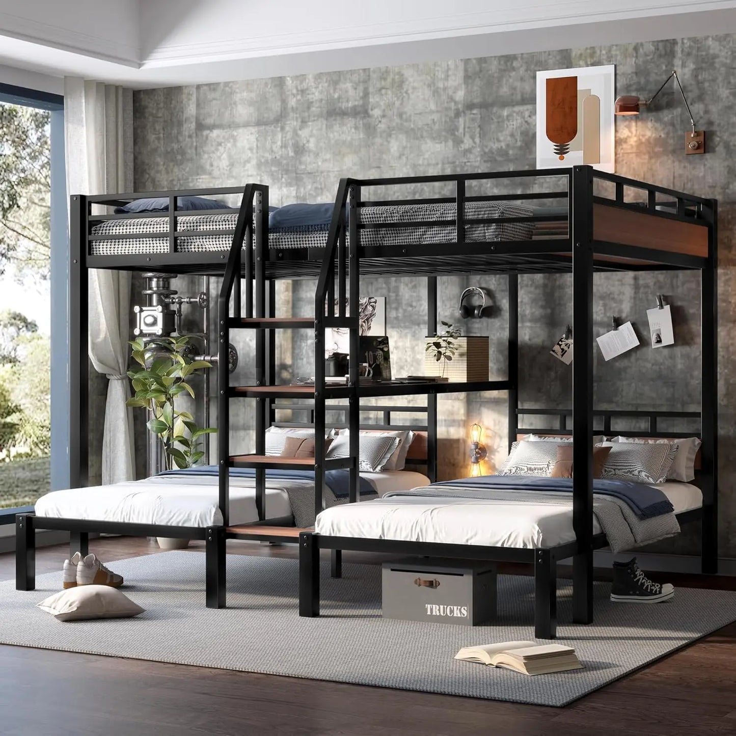 3-in-1 Queen Over Twin Metal Bunk Bed with Storage Stairs