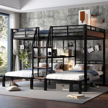 3-in-1 Queen Over Twin Metal Bunk Bed with Storage Stairs