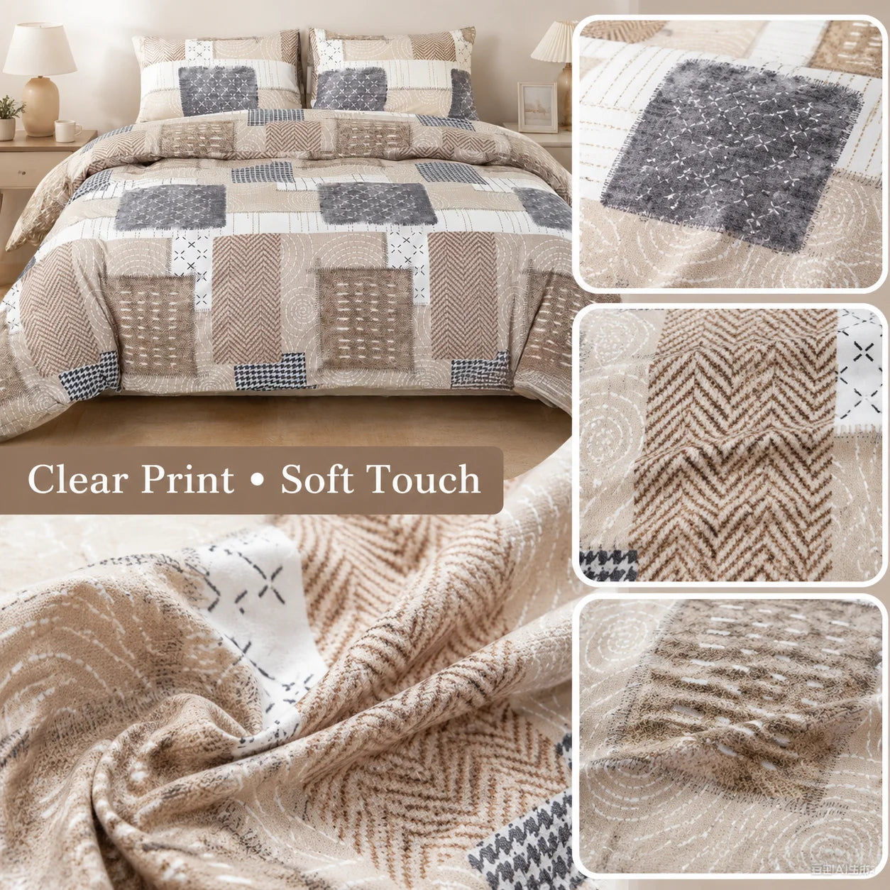 Boho Patchwork Duvet Cover Set, Beige Grey Geometric Bedding Set, Farmhouse Soft Bed Cover with Pillowcases, Twin Full Queen King Breathable and Ultra-Soft, Suitable for All Seasons, Includes 1 Duvet Cover and 1-2 Pillowcases Jonine&