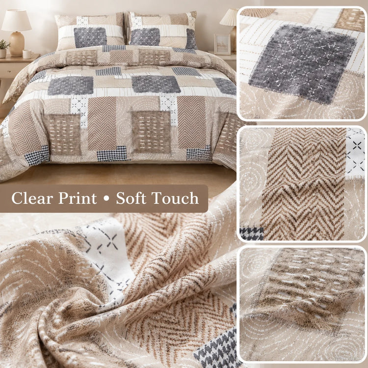 Boho Patchwork Duvet Cover Set, Beige Grey Geometric Bedding Set, Farmhouse Soft Bed Cover with Pillowcases, Twin Full Queen King Breathable and Ultra-Soft, Suitable for All Seasons, Includes 1 Duvet Cover and 1-2 Pillowcases Jonine&