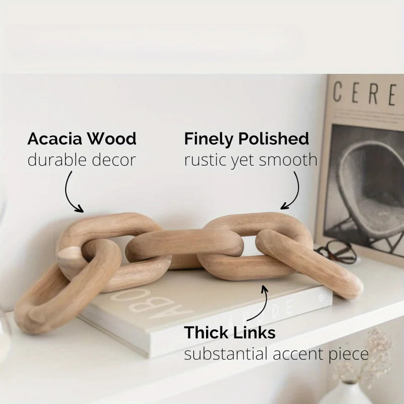 Linked & Handcrafted — Acacia Wood Chain Sculpture, 20" Boho Tabletop & Wall Art