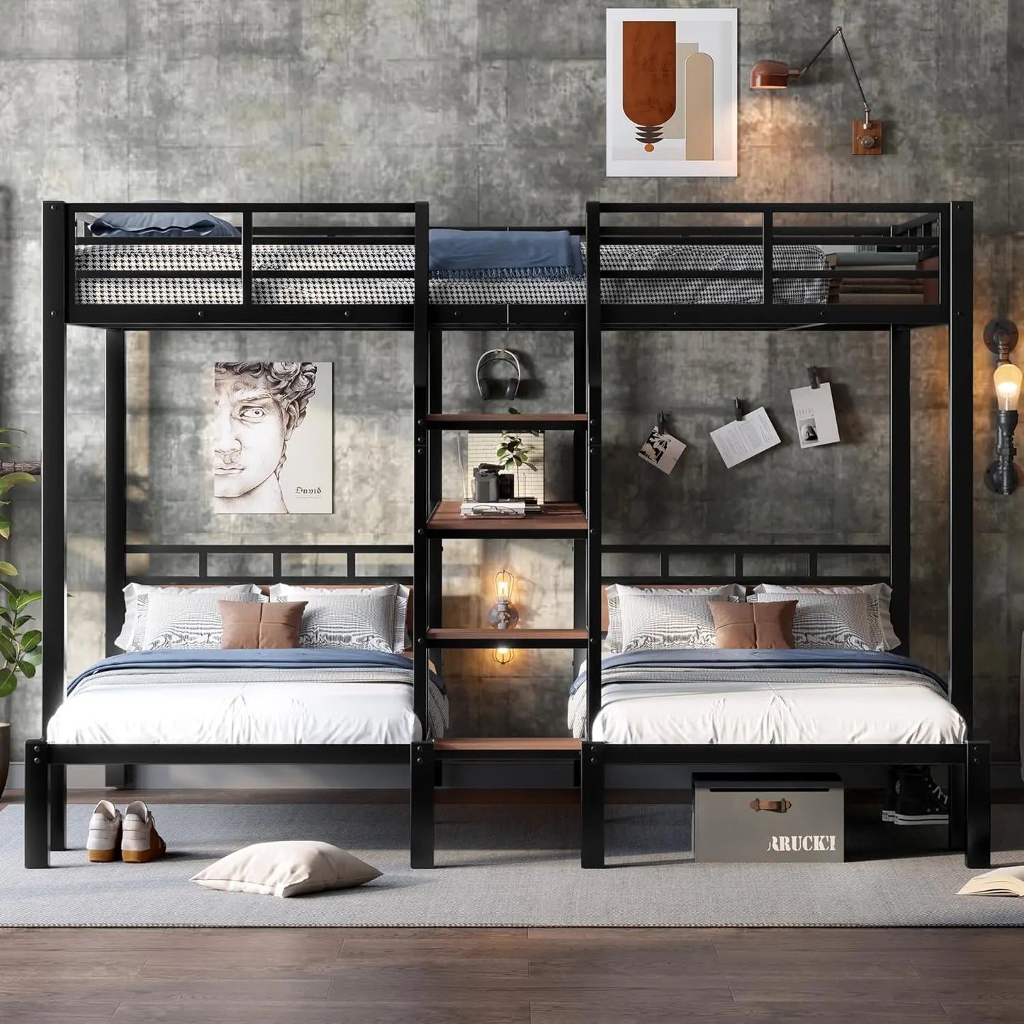 3-in-1 Queen Over Twin Metal Bunk Bed with Storage Stairs