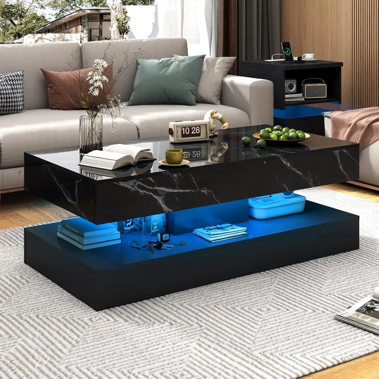 Modern Stylish Coffee Table with LED lights, Double-Layer Design for Living Room Coffee Table with 2 Storage Drawers Jonine&