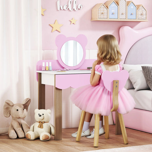 Children's Dressing Table Set with Bear Mirror & Stool — Pink & White