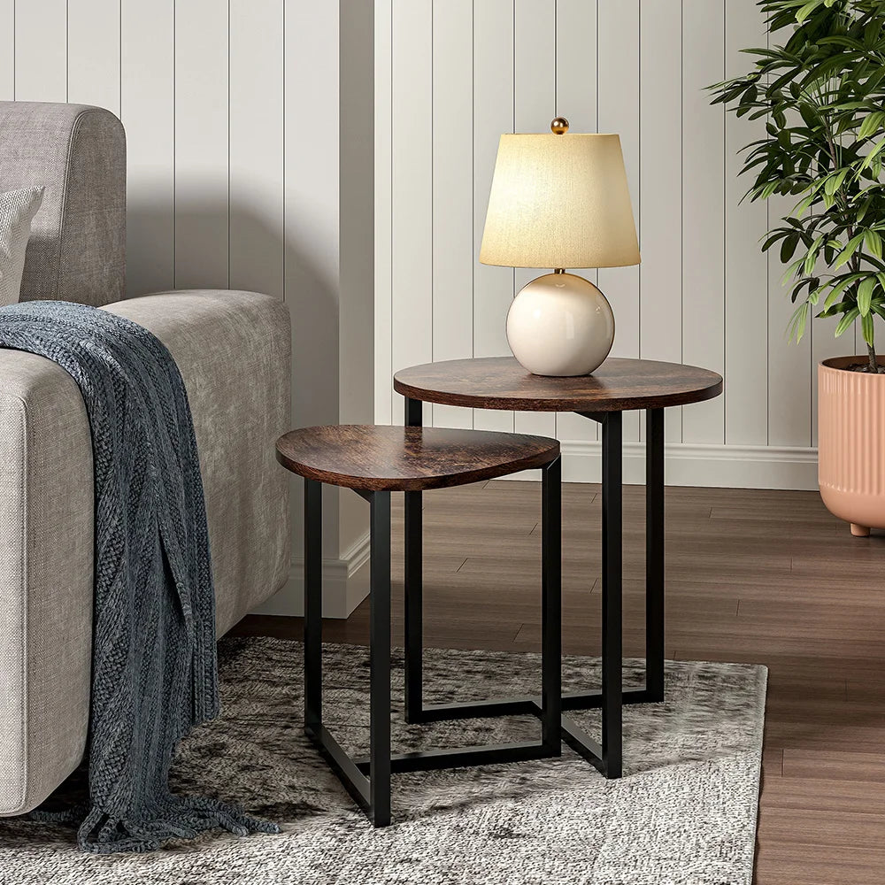 Brown Round and Triangular Wooden Tabletop Nesting Side Table Set Modern Coffee Table Bedside Table
