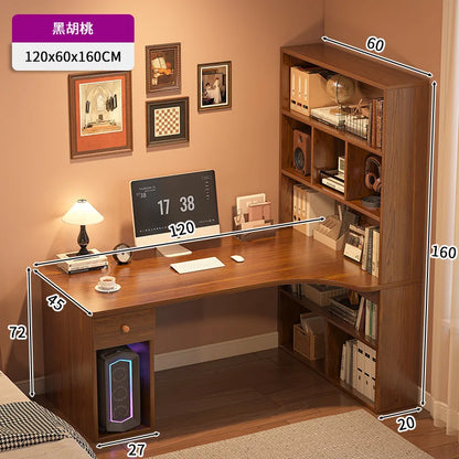 L-Shaped Corner Desk with Bookshelf — Dual Monitor & Home Office