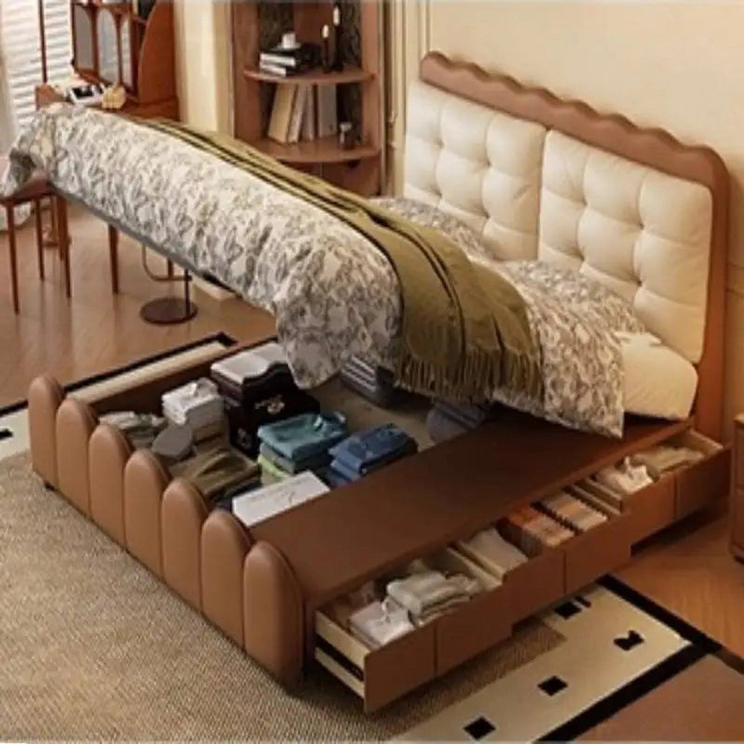 Elegant Upholstered Platform Bed — Leather Surface, Storage &amp; Padded Headboard
