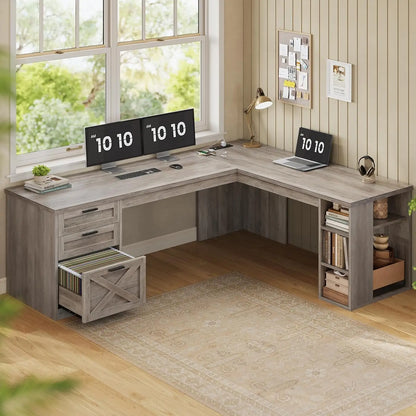 Farmhouse 67" L-Shaped Desk with 3 Drawers & Storage Shelves