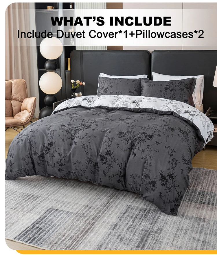 Black and White Plant Print Three-Piece Quilt Cover Set (1 Quilt Cover + 2 Pillowcases) Ultra-Soft Breathable Fabric, Skin-Friendly, Comfortable, Breathable, Machine Washable, Suitable for All Seasons, Elegant and Exquisite, Jonine&