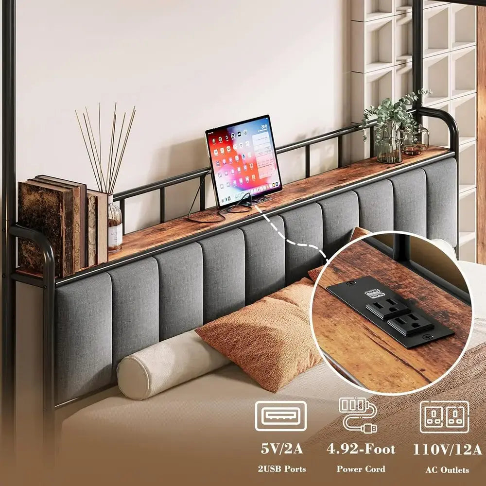LIKIMIO Canopy Bed Frame Queen, Storage Headboard with Charging Station, Platform Bed with 4 Removable Sturdy Posts, Noise Free Jonine&