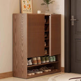 Vintage luxury wood shoe rack in entryway for space-saving shoe storage with minimalist vintage finish
