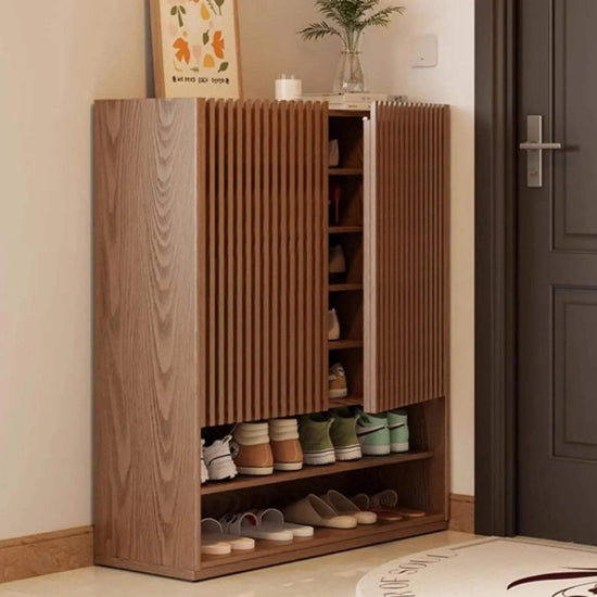 Vintage luxury wood shoe rack in entryway for space-saving shoe storage with minimalist vintage finish