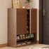 Vintage luxury wood shoe rack in entryway for space-saving shoe storage with minimalist vintage finish