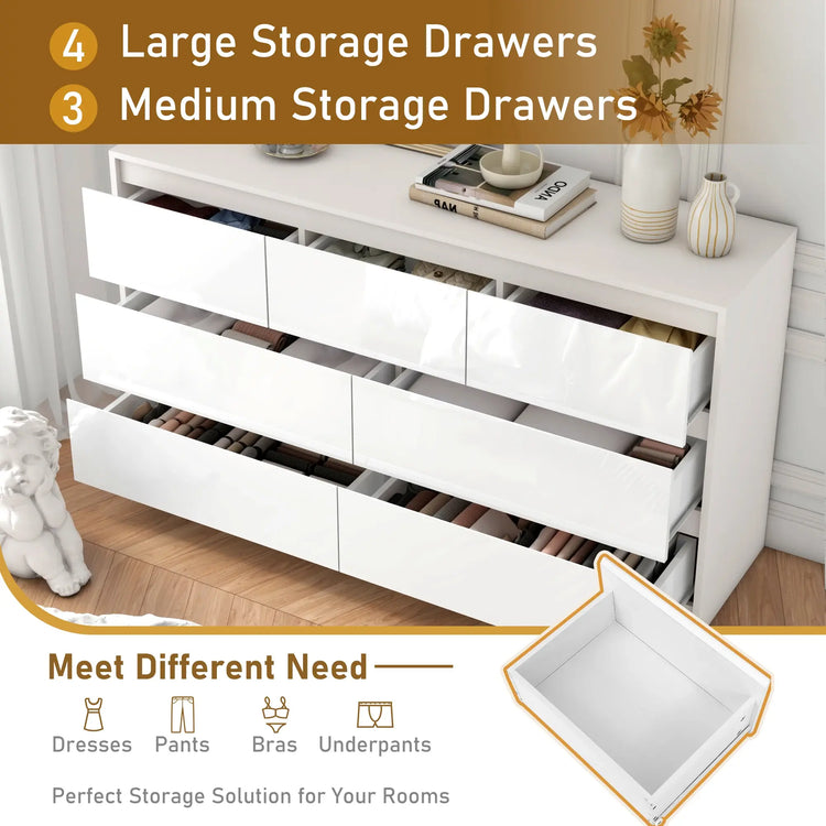 7 Drawer Dresser for Bedroom, 55 Inch Modern Dresser with High Gloss Drawers, Large Wood Chest of Drawer, White/Black Jonine&