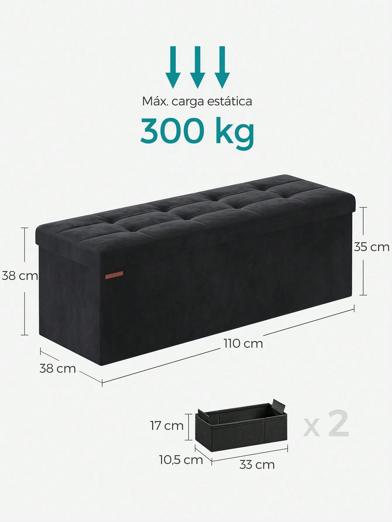 SONGMICS Foldable Storage Ottoman: 38 x 110 x 38 cm Cube Bench (300 kg capacity) for Living Room, Bedroom