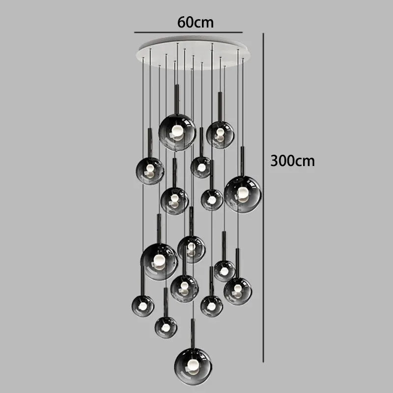Nordic Stair Chandelier — Living & Dining Room Pendant Ceiling Light featuring multiple black glass globe pendants suspended at varying heights for a modern Nordic design.
