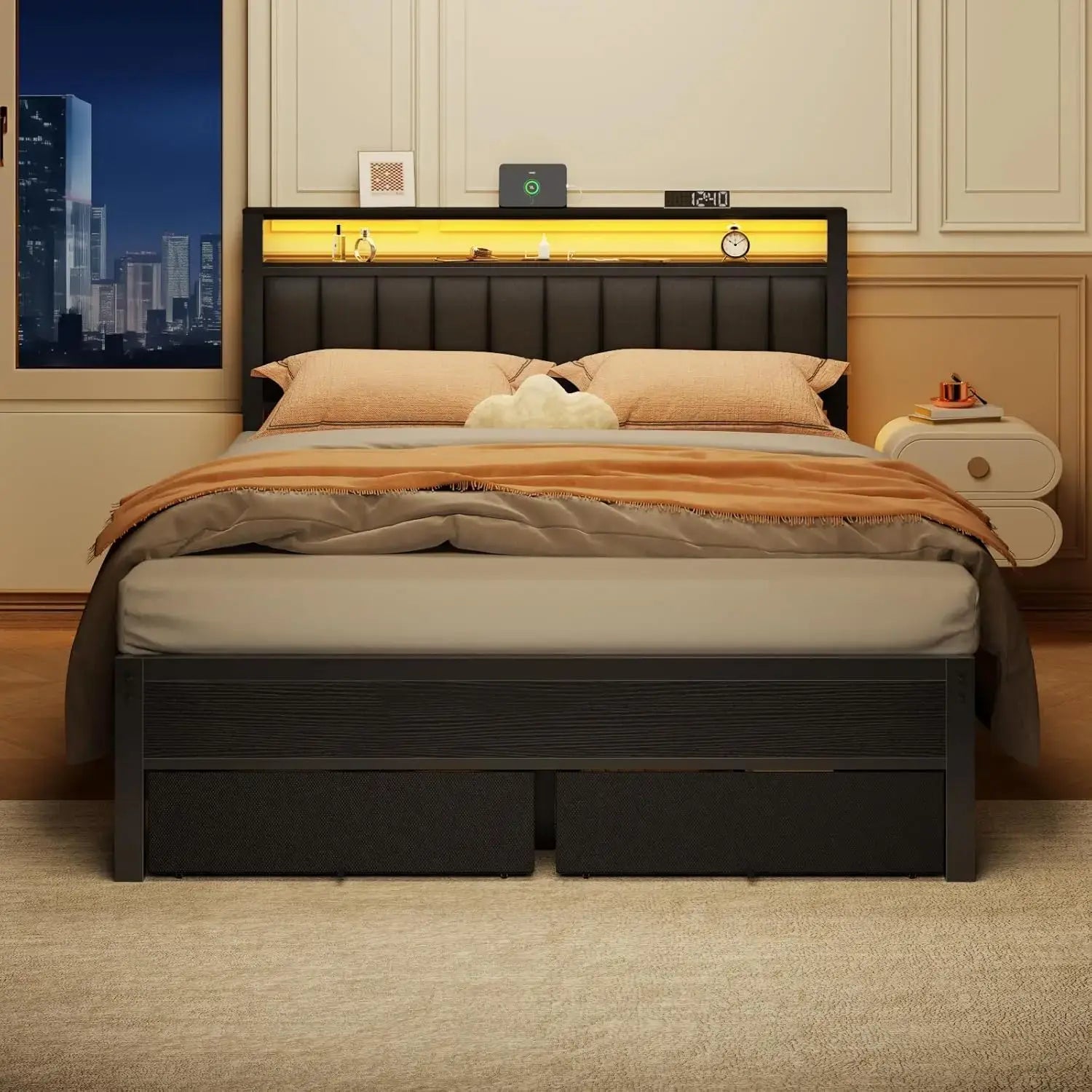Queen Bed Frame with Charging Station and LED Lights, Grey Upholstered Headboard with Shelves, Metal Platform Bed, Customized Jonine&