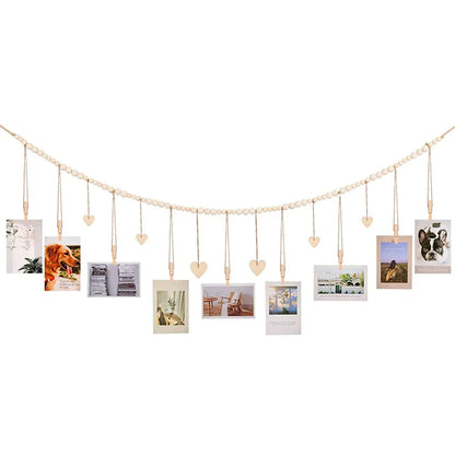 Boho Hanging Photo Display with Wooden Bead Garland — Wall Collage for Bedroom & Office