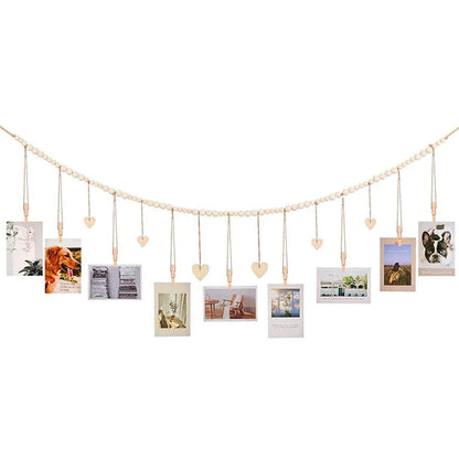 Boho Hanging Photo Display with Wooden Bead Garland — Wall Collage for Bedroom &amp; Office