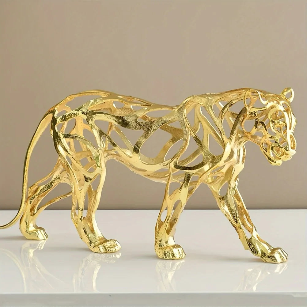 Nordic Metal Leopard Sculpture — Living Room Desktop Home Décor featuring an elegant gold-tone openwork design, perfect as a sculptural home accent for luxury home décor.