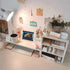 Wooden desktop storage rack and monitor stand with natural wood finish organizing stationery on clear desk