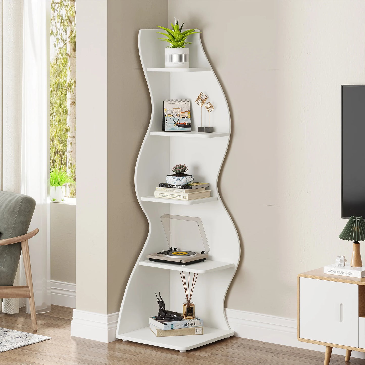 The Corner That Finally Does Something — Tribesigns 5-Tier Wall Corner Bookshelf & Plant Stand
