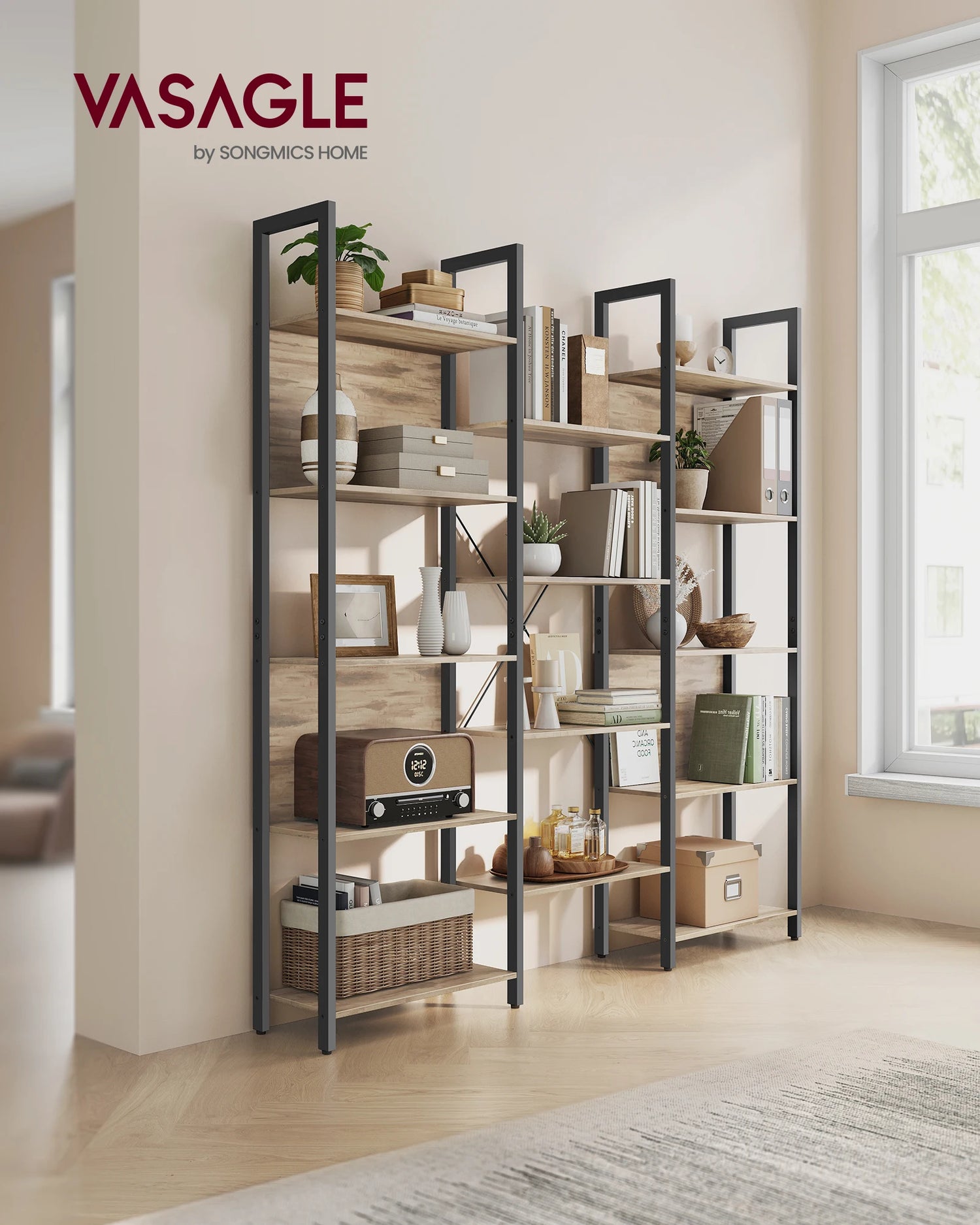 VASAGLE Bookshelf, 14 Shelves, Metal Rack for living room Study office Industrial Design