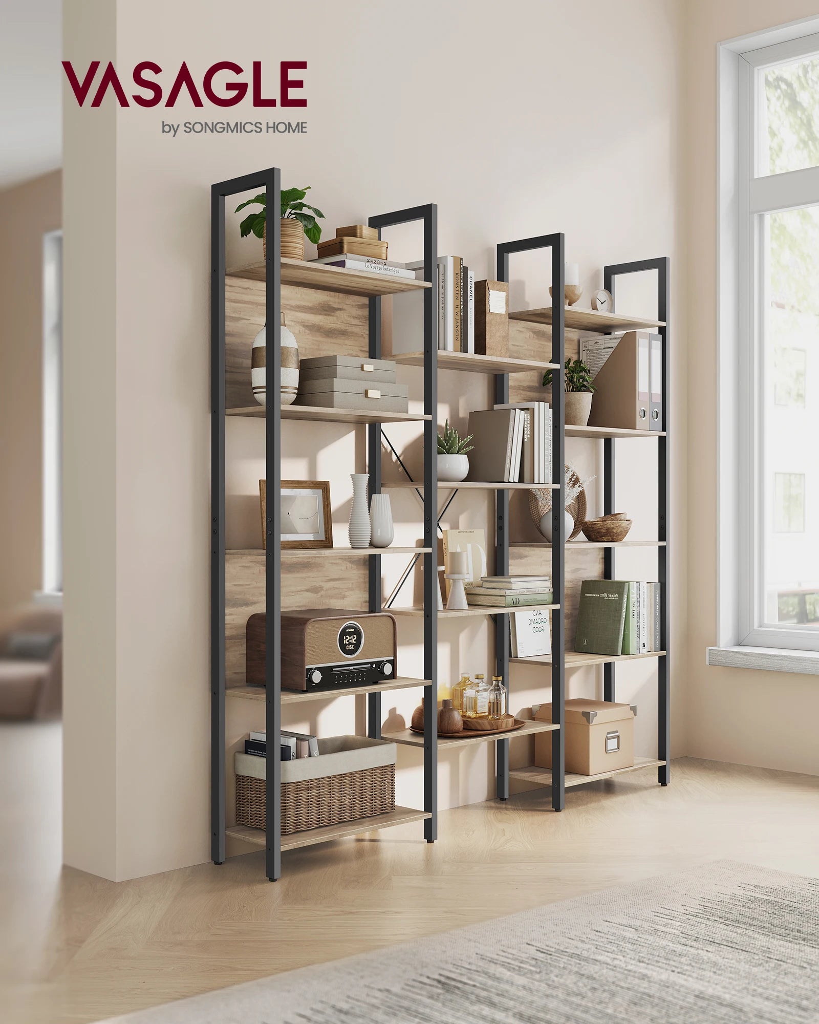 VASAGLE Bookshelf, 14 Shelves, Metal Rack for living room Study office Industrial Design