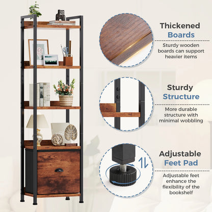 Books, Beauty & Storage — JHK 5-Tier Wood Bookshelf with Fabric Drawer