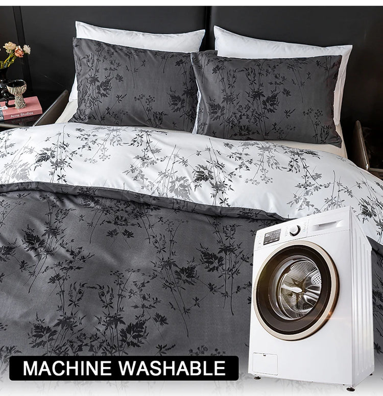 Black and White Plant Print Three-Piece Quilt Cover Set (1 Quilt Cover + 2 Pillowcases) Ultra-Soft Breathable Fabric, Skin-Friendly, Comfortable, Breathable, Machine Washable, Suitable for All Seasons, Elegant and Exquisite, Jonine&