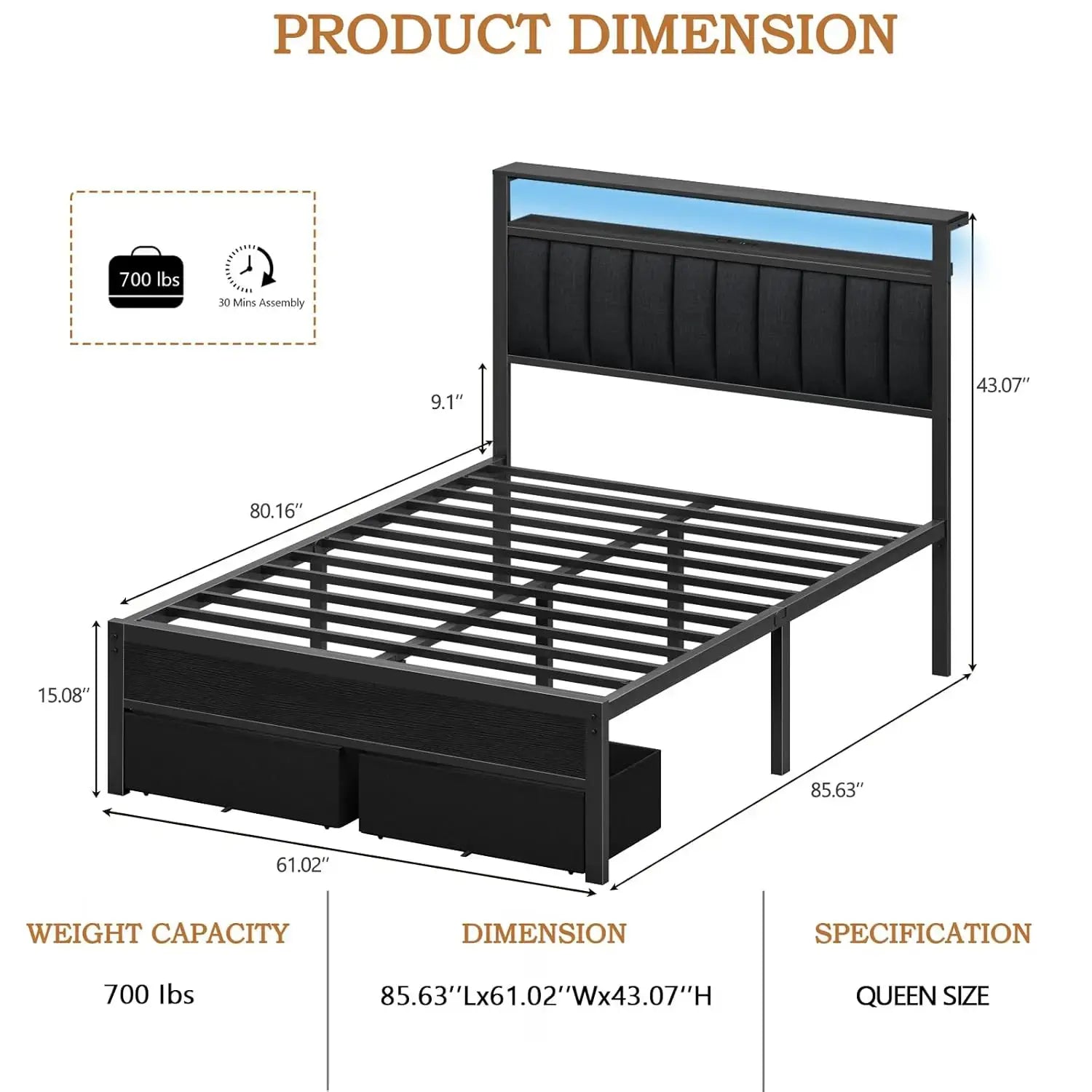 Queen Bed Frame with Charging Station and LED Lights, Grey Upholstered Headboard with Shelves, Metal Platform Bed, Customized Jonine&