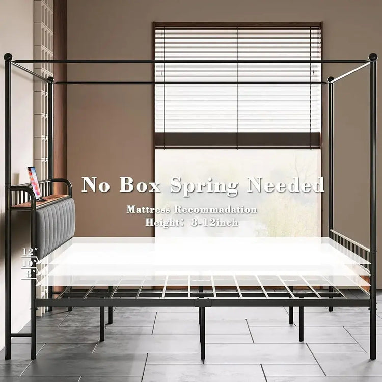 LIKIMIO Canopy Bed Frame Queen, Storage Headboard with Charging Station, Platform Bed with 4 Removable Sturdy Posts, Noise Free Jonine&