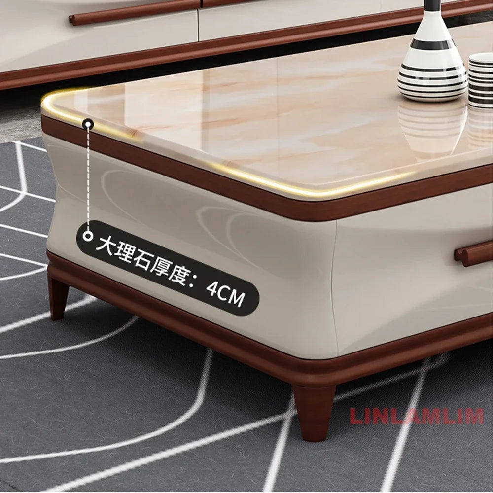 Marble & Wood Living Room Furniture Set — Coffee Table, TV Stand & Side Cabinets