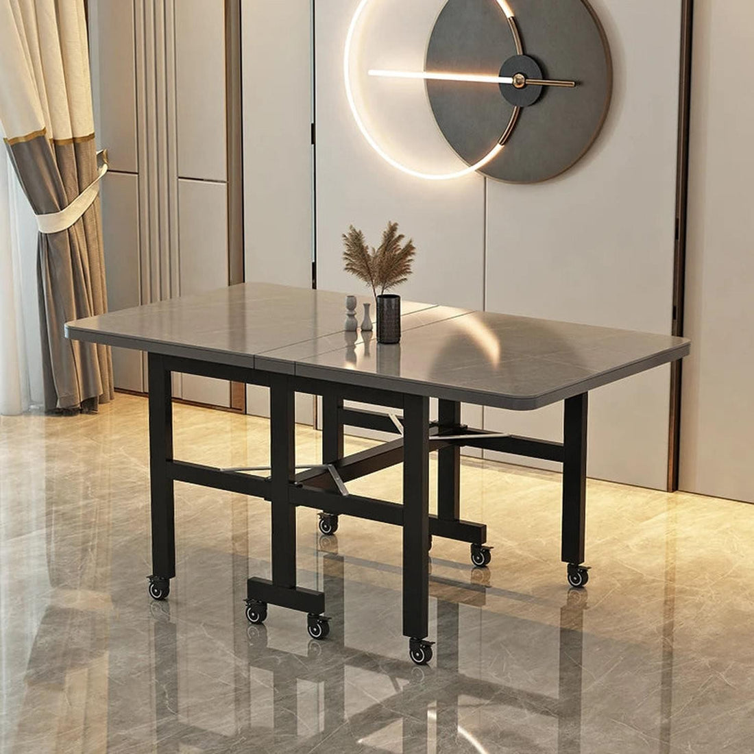 Extendable Dark Luxury Dining Table — Space-Saving with Casters