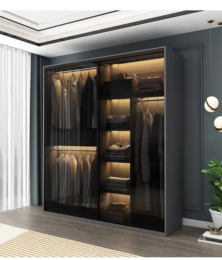 Bedroom Glass Sliding Door Wardrobe Clothes Storage Cabinet Closet Double Wardrobe Cabinets Wardrobes Furniture Modern Simple Jonine&