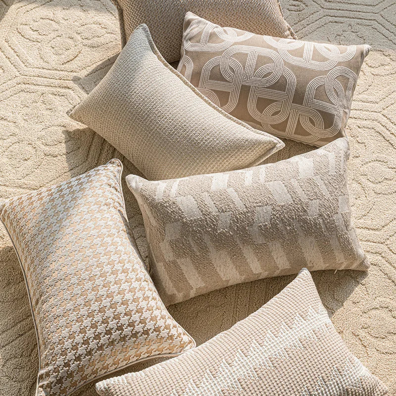 French Cream Jacquard Lumbar Pillow Cover — Embroidered Cushion Cover 12×20in