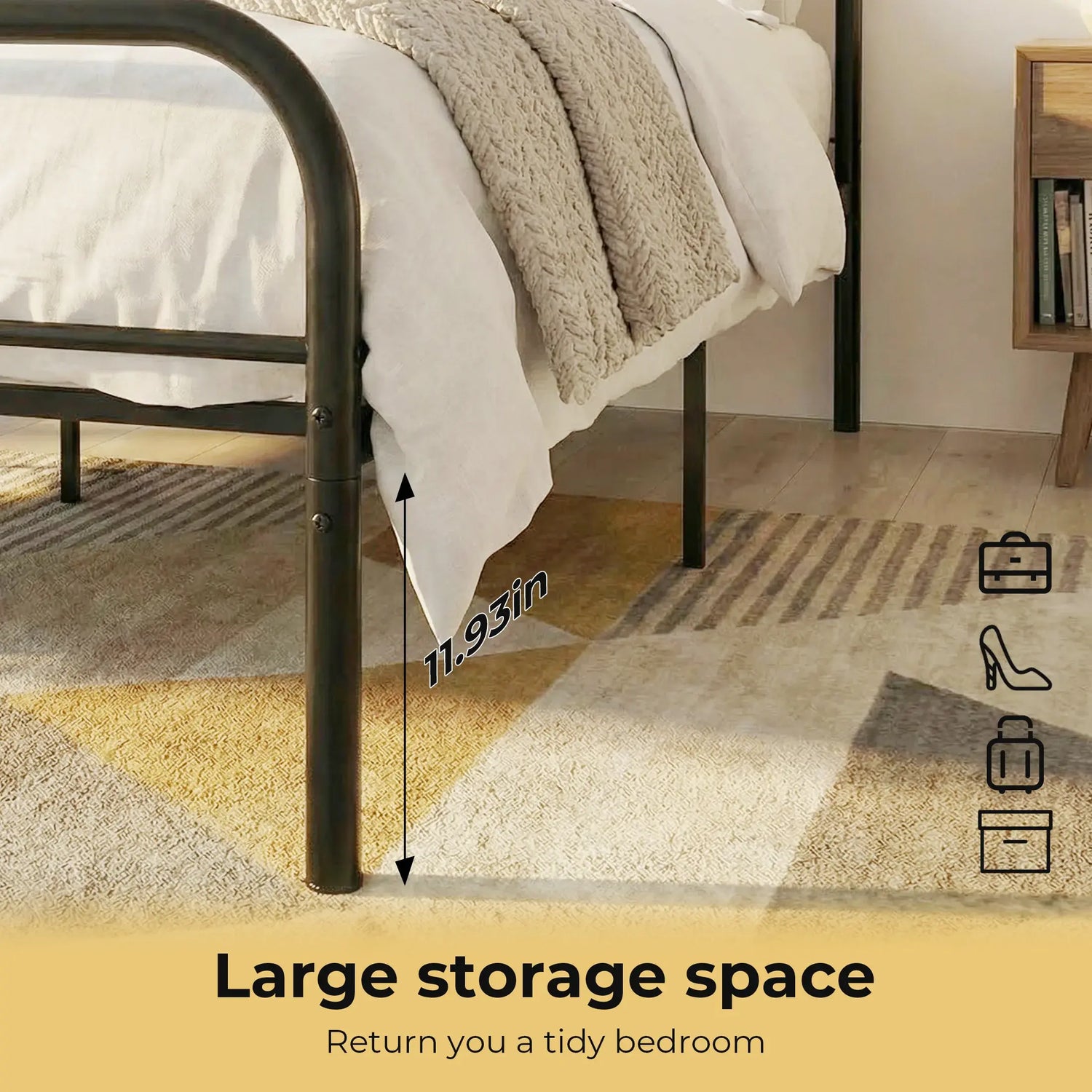 JHK Square Metal Platform Bed Frame Heavy Duty with 11.9" Under-Bed Storage No Box Spring Needed Easy Assembly For Living Room Jonine&