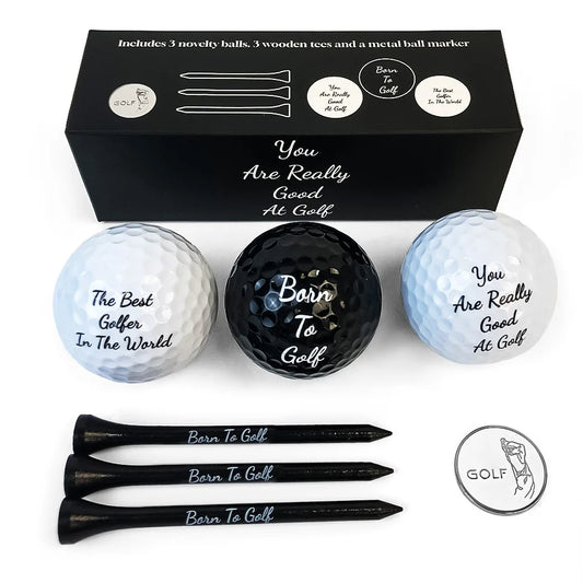 Novelty golf gift set with golf-themed accessories arranged in a gift-ready display