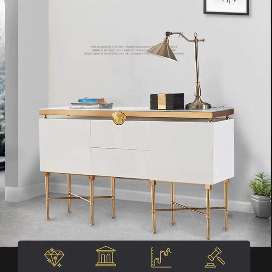 Modern Glass & Steel Sideboard cabinet with stainless steel frame and glass accents in stylish living room setting