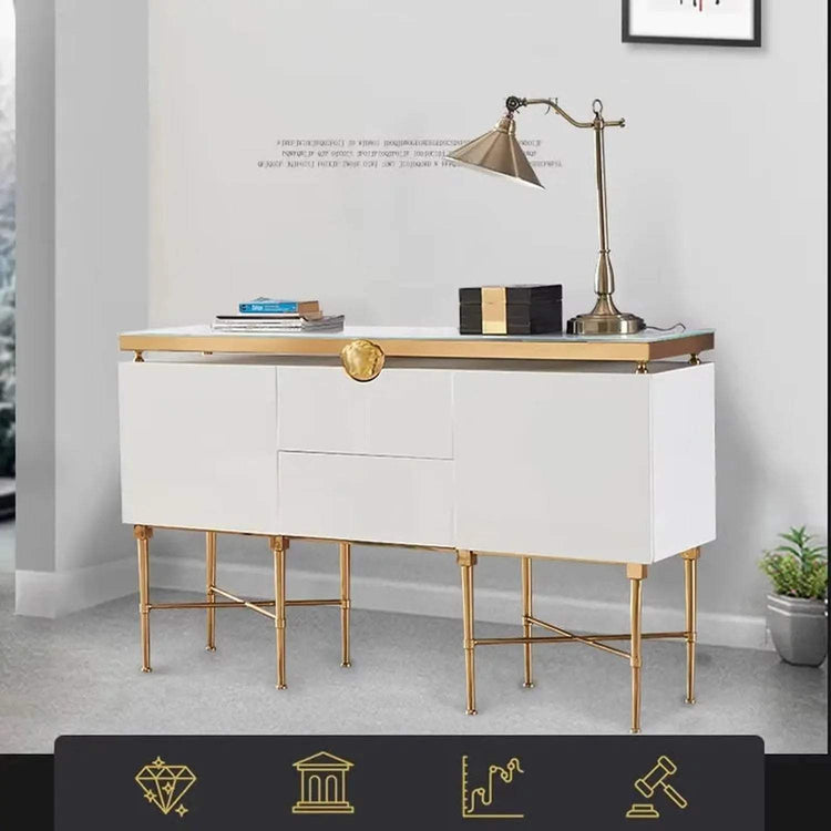 Modern Glass & Steel Sideboard cabinet with stainless steel frame and glass accents in stylish living room setting