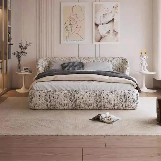 Queen platform bed frame with upholstered padded backrest and solid pine wood base in modern bedroom setting