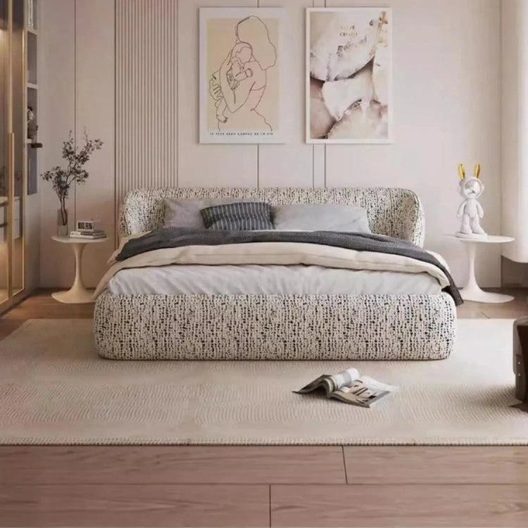Queen platform bed frame with upholstered padded backrest and solid pine wood base in modern bedroom setting