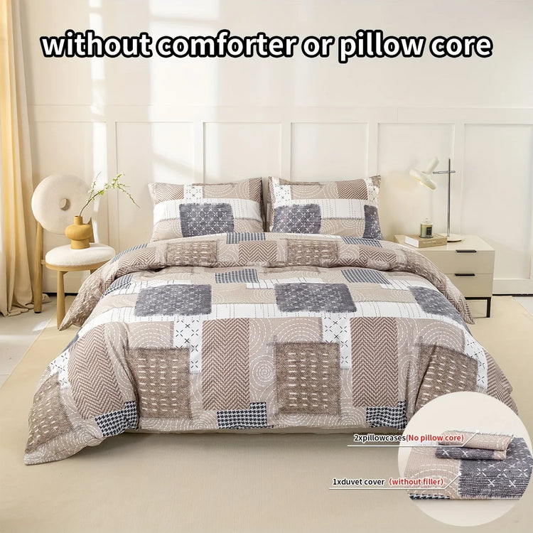 Boho Patchwork Duvet Cover Set, Beige Grey Geometric Bedding Set, Farmhouse Soft Bed Cover with Pillowcases, Twin Full Queen King Breathable and Ultra-Soft, Suitable for All Seasons, Includes 1 Duvet Cover and 1-2 Pillowcases Jonine&