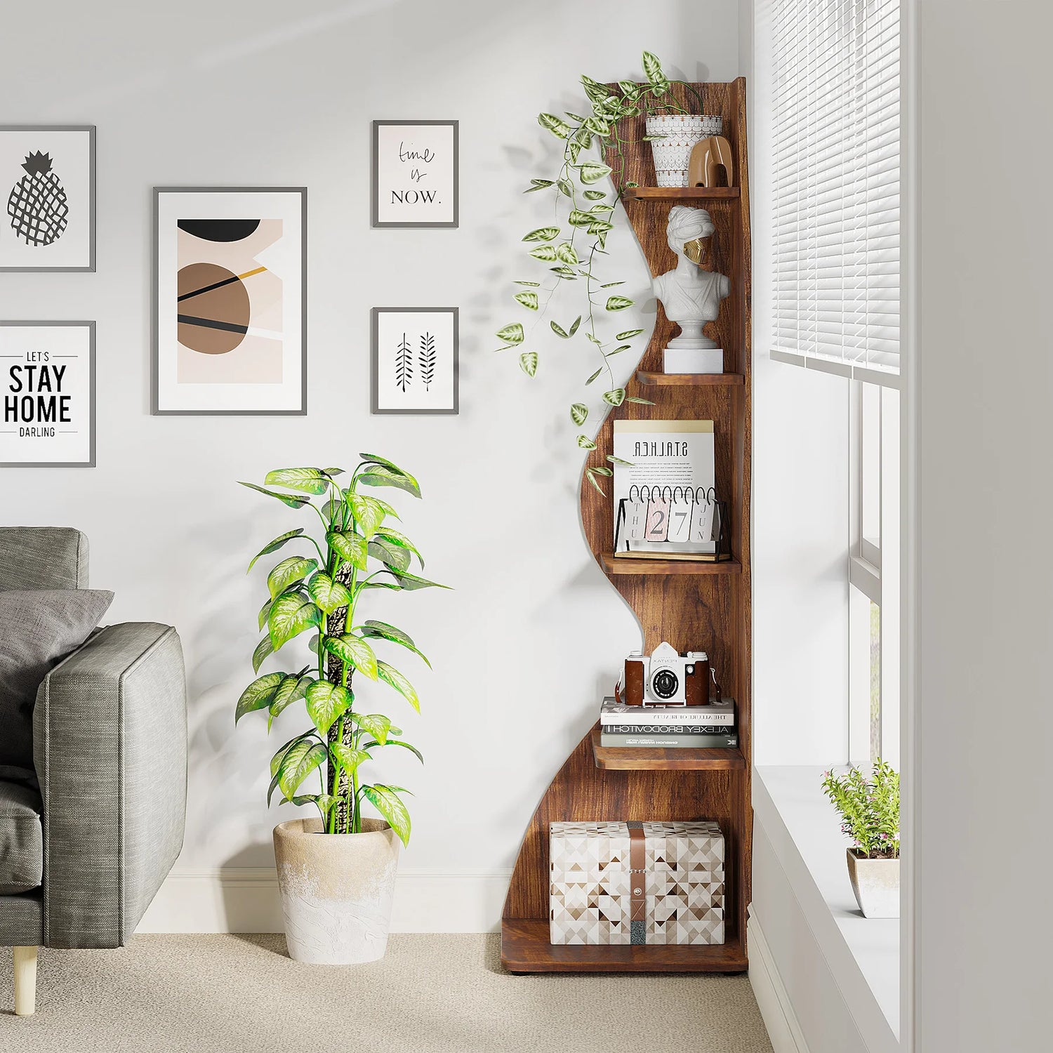 Tribesigns Corner Shelf, Modern 5-Tier Wall Corner Bookshelf, Stylish Corner Small Bookcase Storage Rack Plant Stand